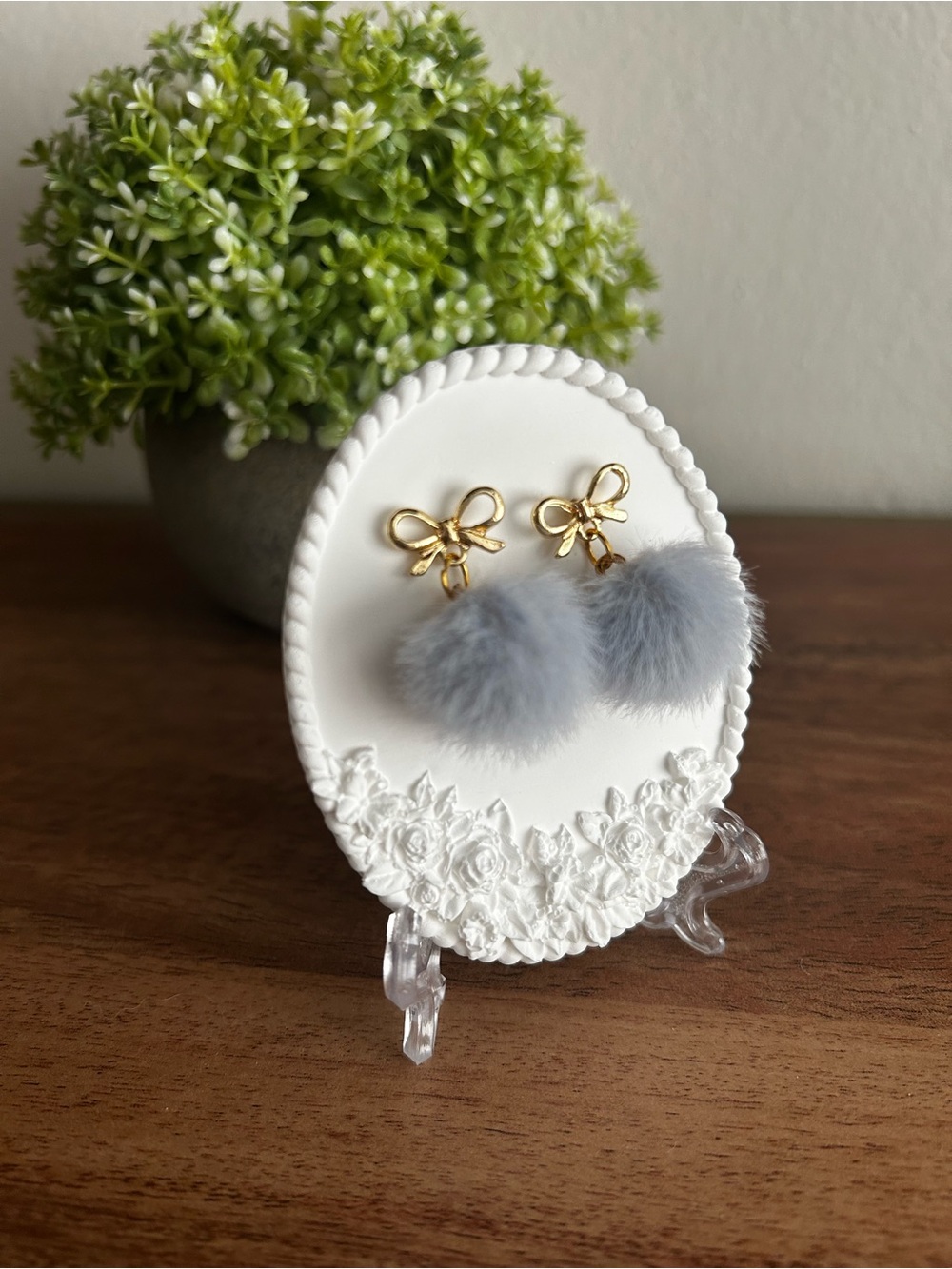Gold Bow Earrings with Dusty Blue Pompoms
